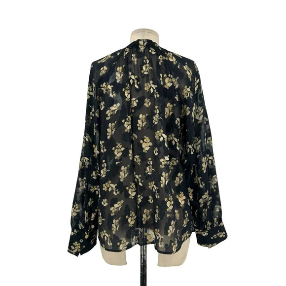 Vince Dandelion Poet Blouse Gathered Floral-Print Silk-Crepon Black‎ Size Small - Picture 6 of 12
